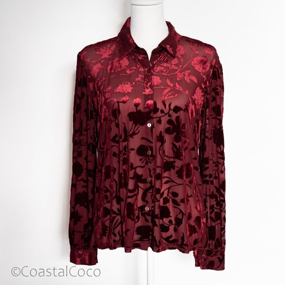 Ultra Pink Burnout Velvet Blouse L Burgundy Floral Sheer Romantic Goth Vampy - Picture 1 of 13